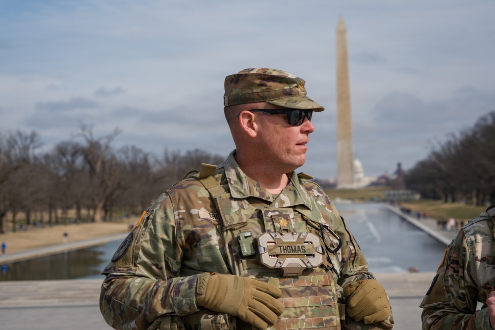 A Mississippi National Guard Soldier patrols at the Lincoln Memorial