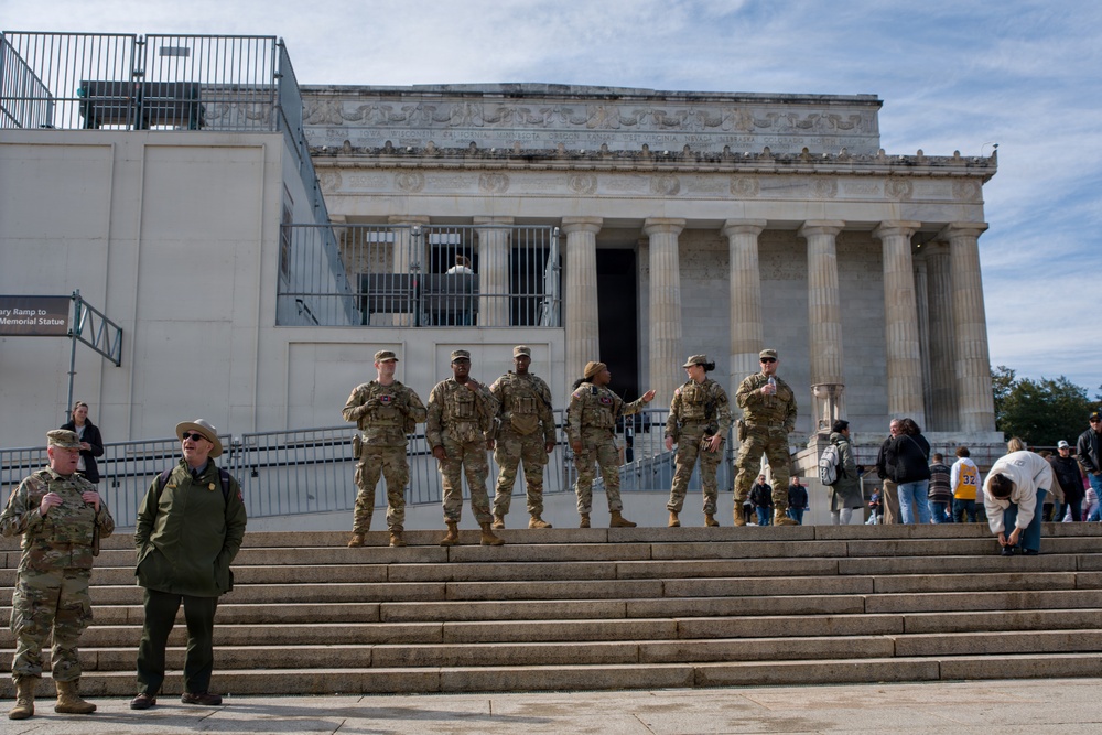 Mississippi National Guard Soldiers patrol at the Lincoln Memorial