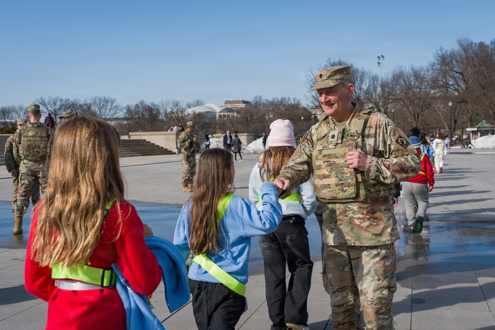 A Mississippi National Guard Soldier patrols at the Lincoln Memorial