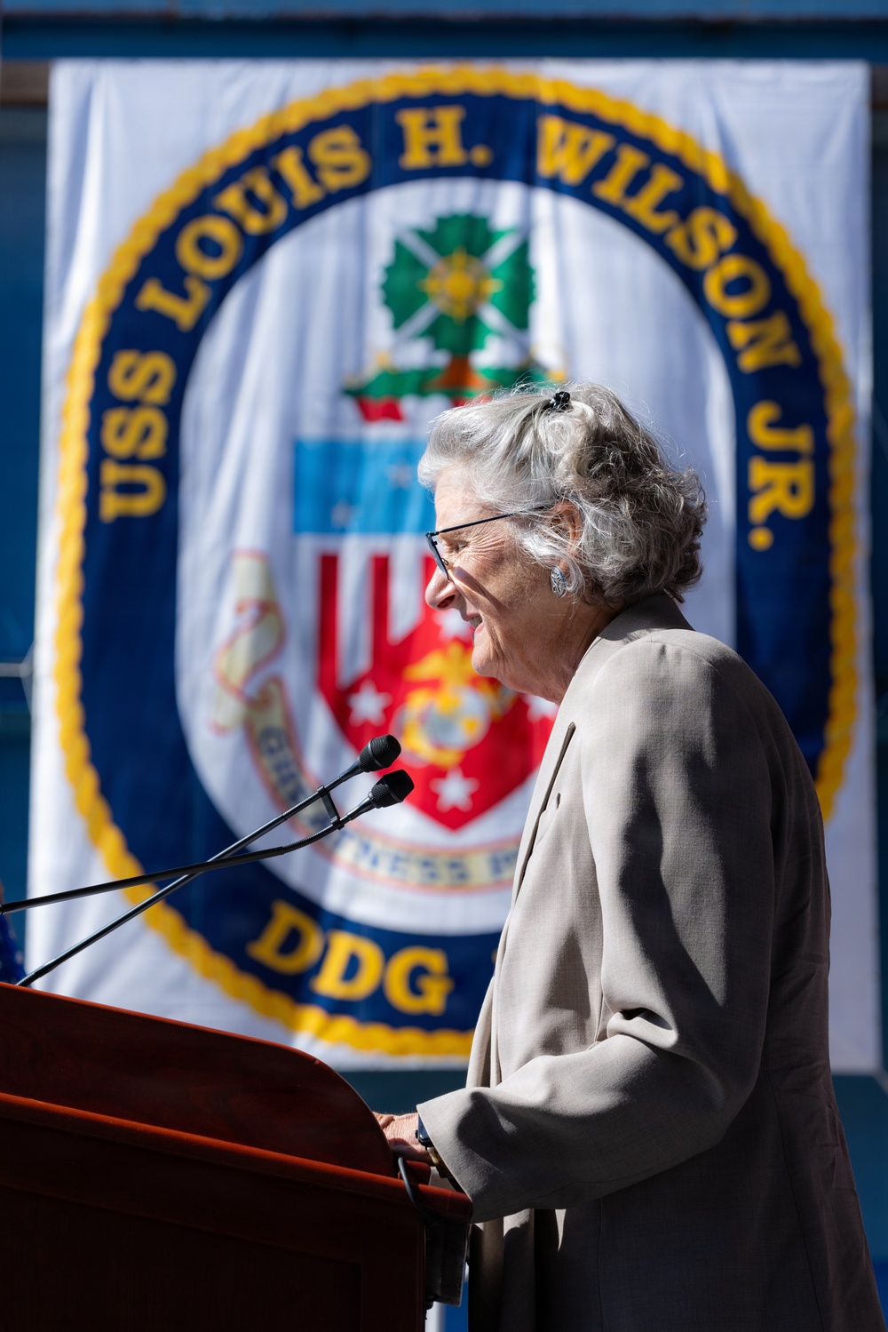 Christening ceremony of the future USS Louis H. Wilson, Jr. (DDG 126)