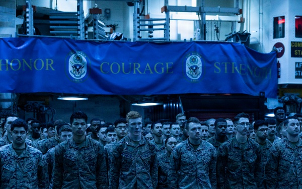 11th MEU Marines, Sailors Conduct a Formation Aboard USS Boxer
