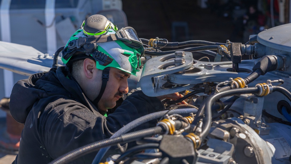 USS Bulkeley (DDG 84) Sailors perform helicopter maintenance, Feb. 19, 2026