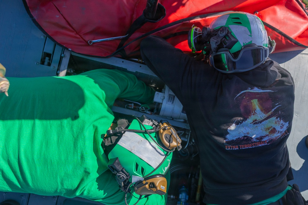 USS Bulkeley (DDG 84) Sailors perform helicopter maintenance, Feb. 19, 2026