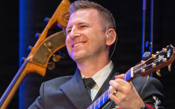 Musician 1st Class Ryan Connelly performs at the Klein Memorial Hall in Bridgeport, CT
