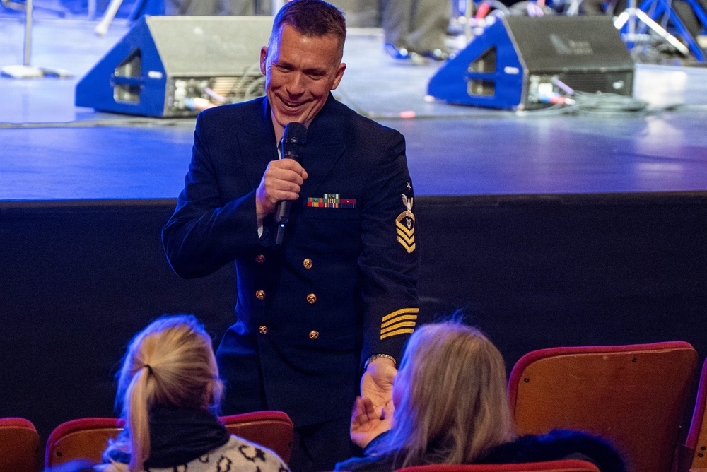 Senior Chief Musician Bill Edwards performs at the Klein Memorial Hall in Bridgeport, CT