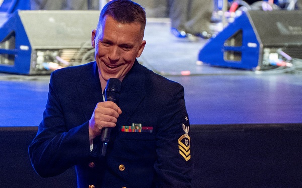 Senior Chief Musician Bill Edwards performs at the Klein Memorial Hall in Bridgeport, CT