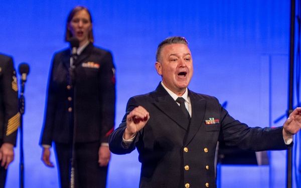 Chief Musician Robert Kurth performs at the Klein Memorial Hall in Bridgeport, CT