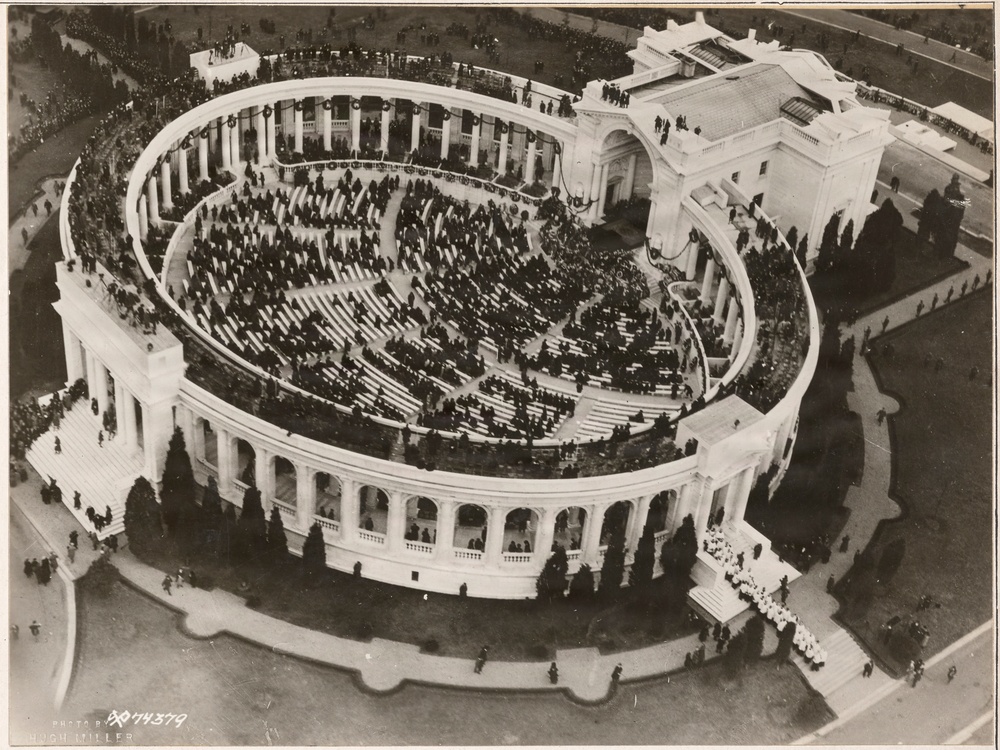 Airplane view of exercises during funeral of Unknown American Soldier - Arlington Amphitheater, Arlington, Virginia