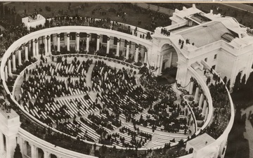 Airplane view of exercises during funeral of Unknown American Soldier - Arlington Amphitheater, Arlington, Virginia