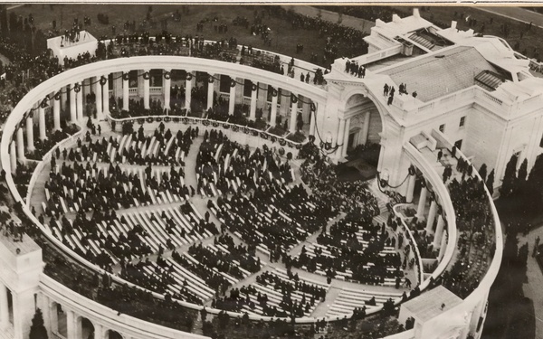 Airplane view of exercises during funeral of Unknown American Soldier - Arlington Amphitheater, Arlington, Virginia