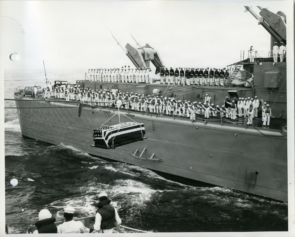 Remains of the WWII Unknown Soldier are Transferred from USS Blandy to USS Boston, near Cape Henry, Virginia