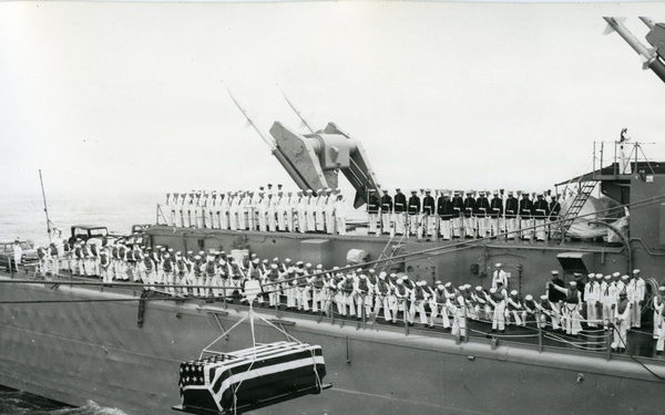 Remains of the WWII Unknown Soldier are Transferred from USS Blandy to USS Boston, near Cape Henry, Virginia