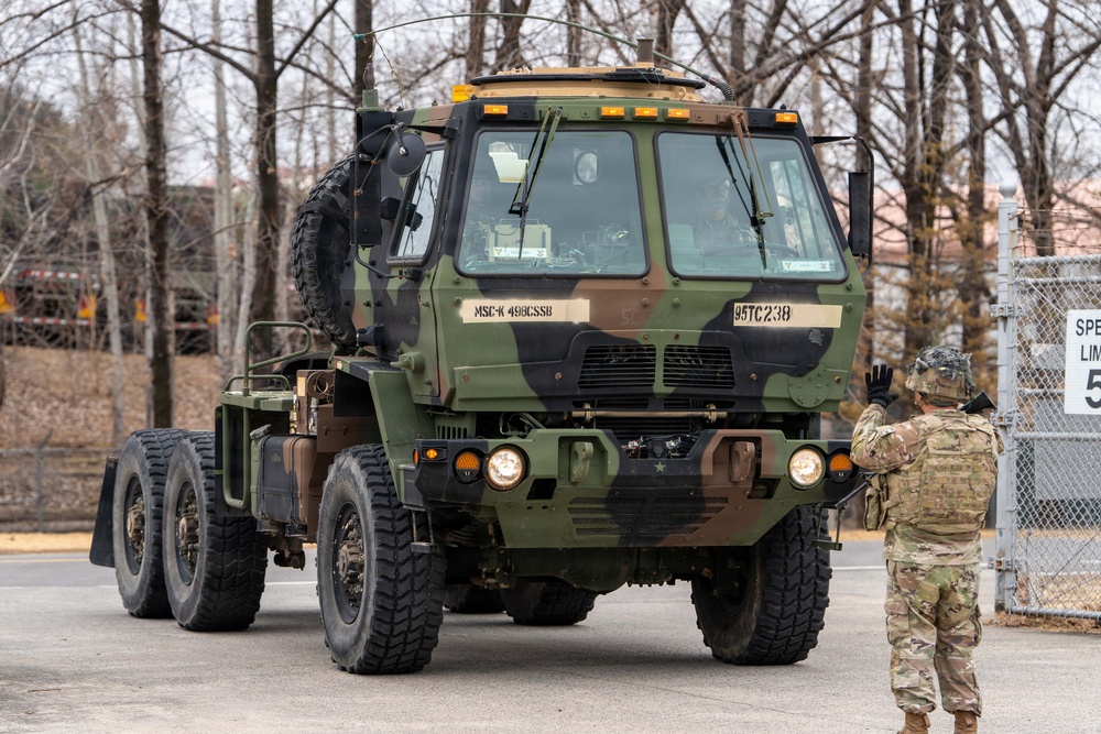 Soldiers from the 95th Transportation Company, 498th Combat Sustainment Support Battalion, proved their 'Fight Tonight' capabilities during a rapid deployment drill on Feb. 26.