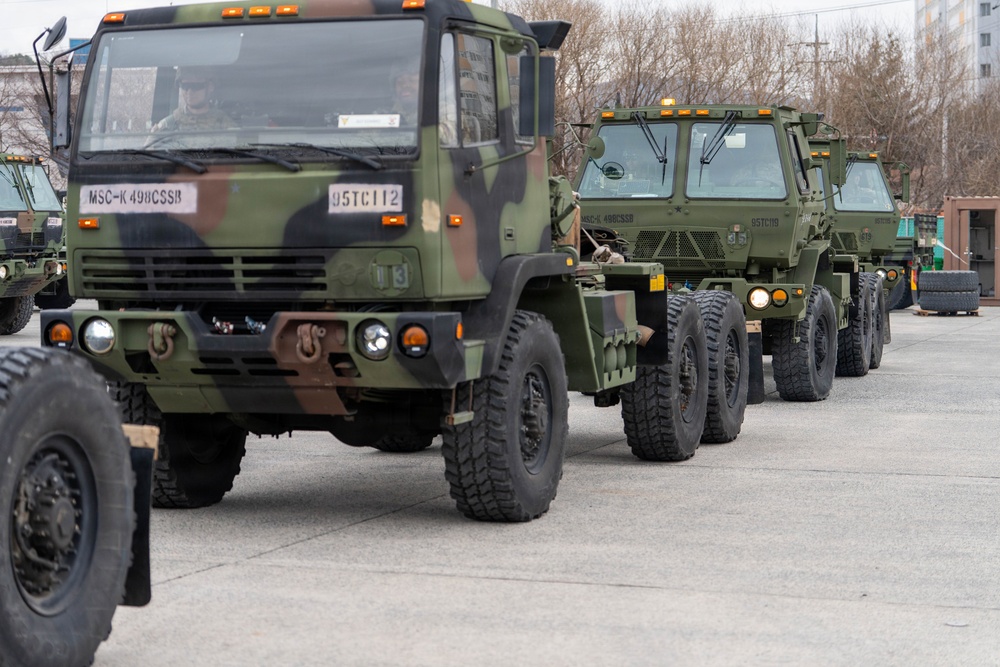 Soldiers from the 95th Transportation Company, 498th Combat Sustainment Support Battalion, proved their 'Fight Tonight' capabilities during a rapid deployment drill on Feb. 26.