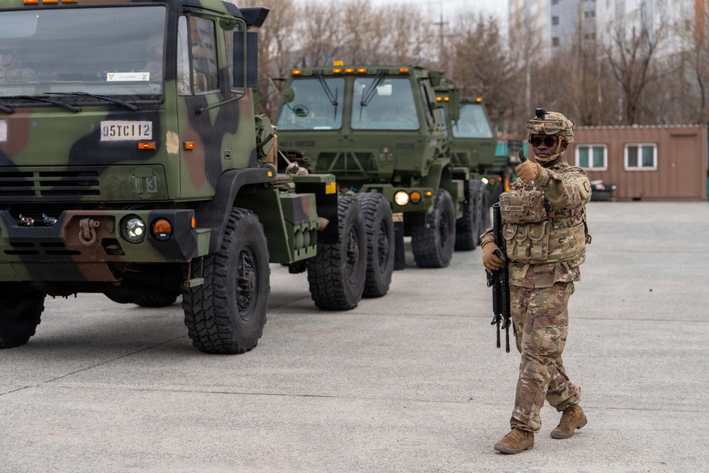 Soldiers from the 95th Transportation Company, 498th Combat Sustainment Support Battalion, proved their 'Fight Tonight' capabilities during a rapid deployment drill on Feb. 26.