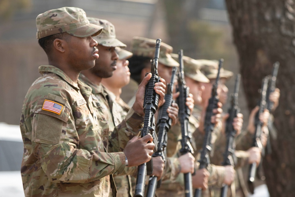 Soldiers of the 35th Air Defense Artillery Brigade Firing Team form up for the Hill 180 Ceremony