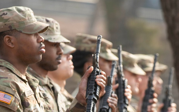 Soldiers of the 35th Air Defense Artillery Brigade Firing Team form up for the Hill 180 Ceremony
