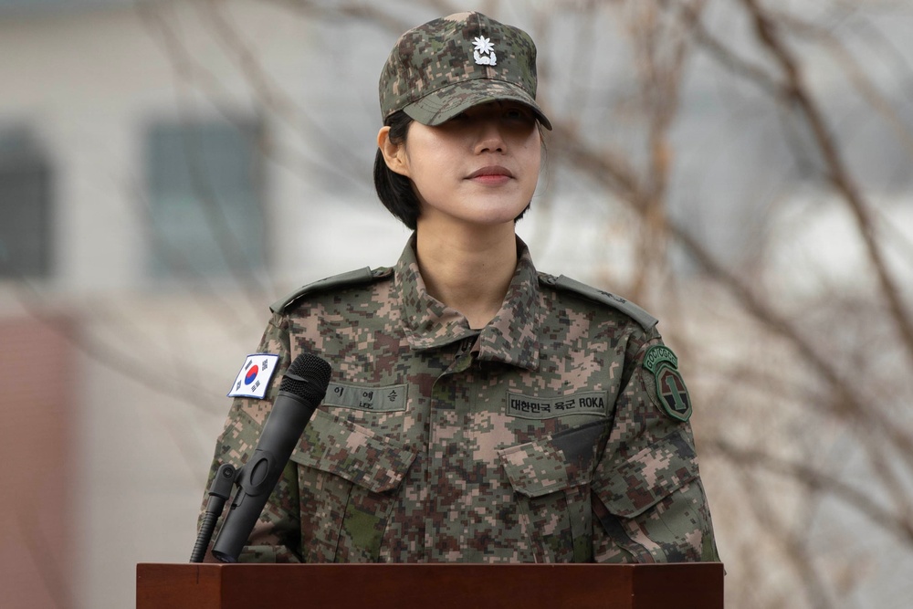 Major Lee presents at the Hill 180 Ceremony at Osan AB