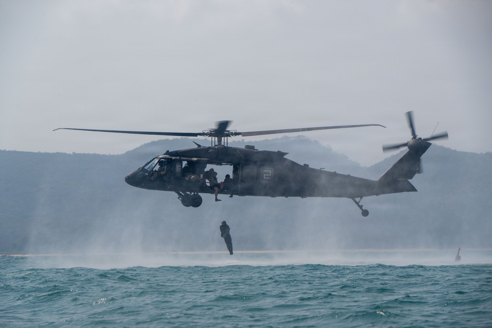 U.S. Navy and Royal Thai Navy EOD helocast from U.S. Army UH-60 Black Hawk