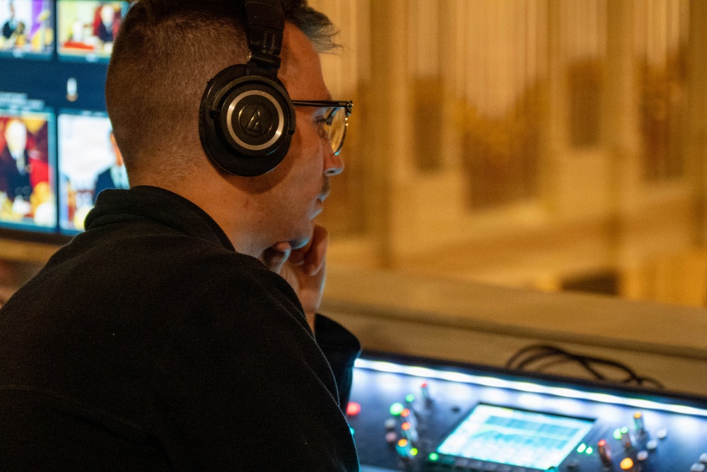 Musician 1st Class Randall Smith of the US Navy Band Sea Chanters performs at St. John's Episcopal Church in New Hampshire during their 2026 National Tour