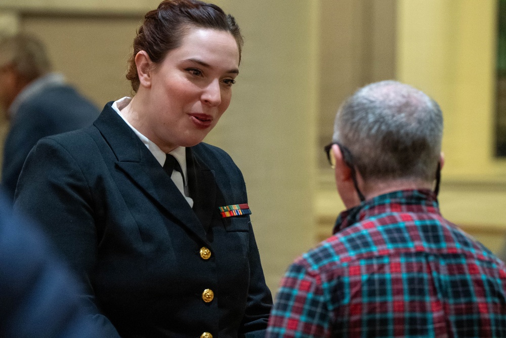 Musician 1st Class Michaela Ford of the US Navy Band Sea Chanters performs at St. John's Episcopal Church in New Hampshire during their 2026 National Tour