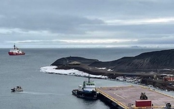USCGC Polar Star (WAGB 10) supports the installation of a pier in McMurdo Station during Operation Deep Freeze 2026