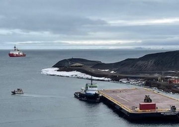 USCGC Polar Star (WAGB 10) supports the installation of a pier in McMurdo Station during Operation Deep Freeze 2026