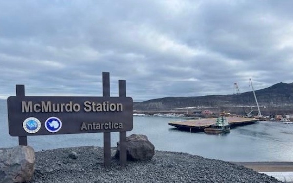 USCGC Polar Star (WAGB 10) supports the installation of a pier in McMurdo Station during Operation Deep Freeze 2026