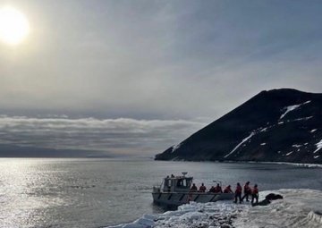 USCGC Polar Star (WAGB 10) supports the installation of a pier in McMurdo Station during Operation Deep Freeze 2026