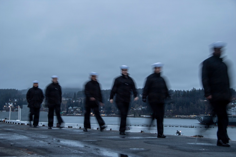 Sailors Man the Rails Departing Port