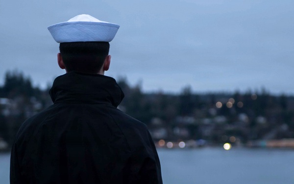 Nimitz Sailors Man the Rails Departing Naval Base Kitsap Bremerton for the Final Time
