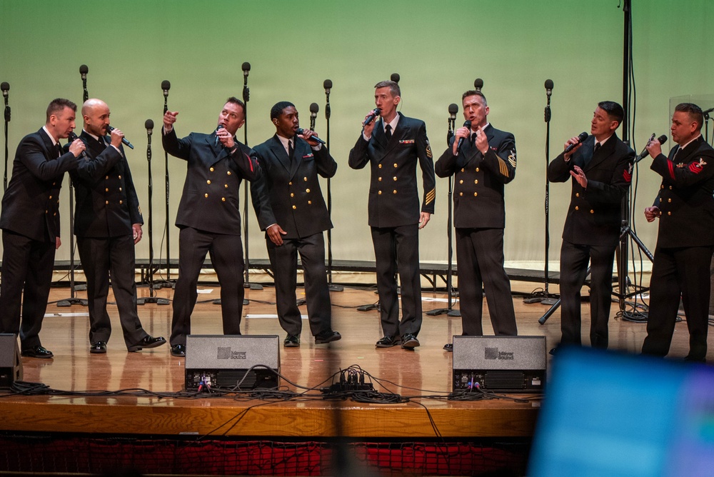 The US Navy Band Sea Chanters perform at the Fogelberg Performing Arts Center in Burlington, Massachusetts