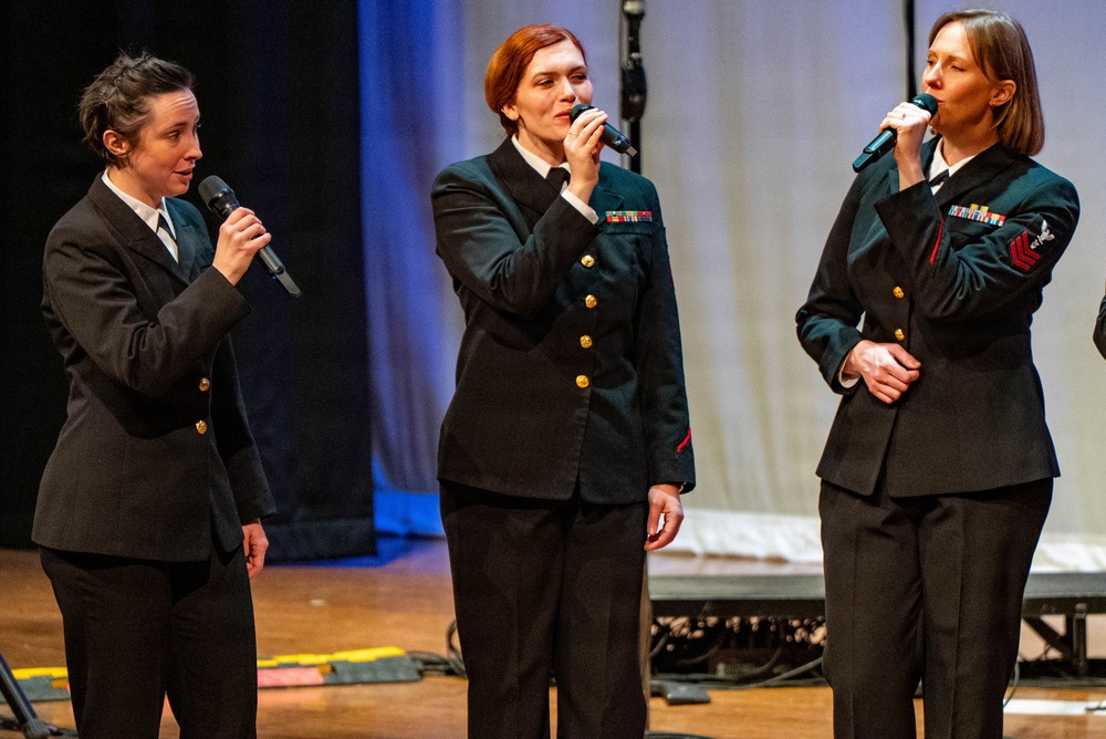 The US Navy Band Sea Chanters perform at the Fogelberg Performing Arts Center in Burlington, Massachusetts