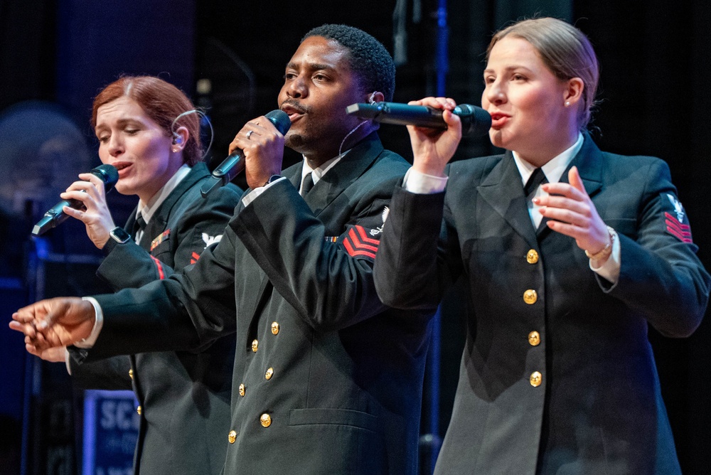The US Navy Band Sea Chanters perform at the Fogelberg Performing Arts Center in Burlington, Massachusetts