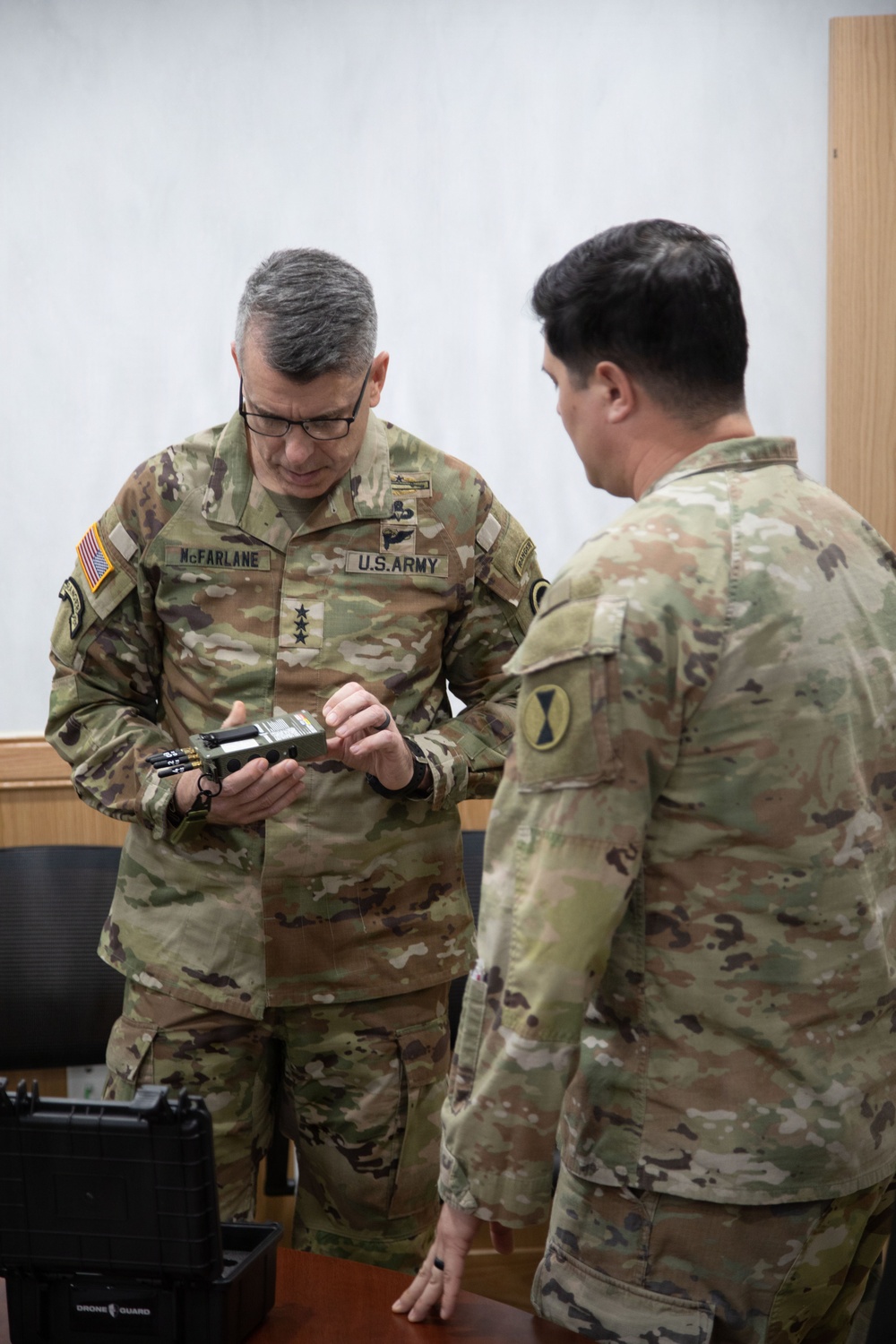 2nd Infantry Division, 2nd Stryker Brigade Combat Team briefs Lt. Gen. McFarlane on the new DroneGuard 100 system set to be used for training during FS 26