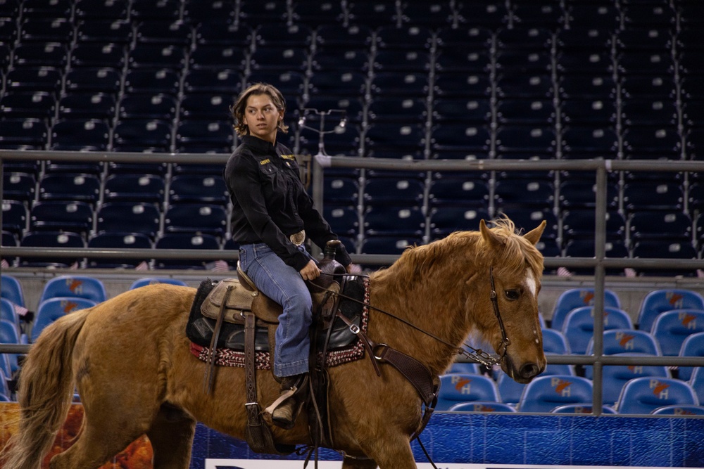 U.S. Marine Corps Mounted Color Guard presents the colors at the Houston Rodeo