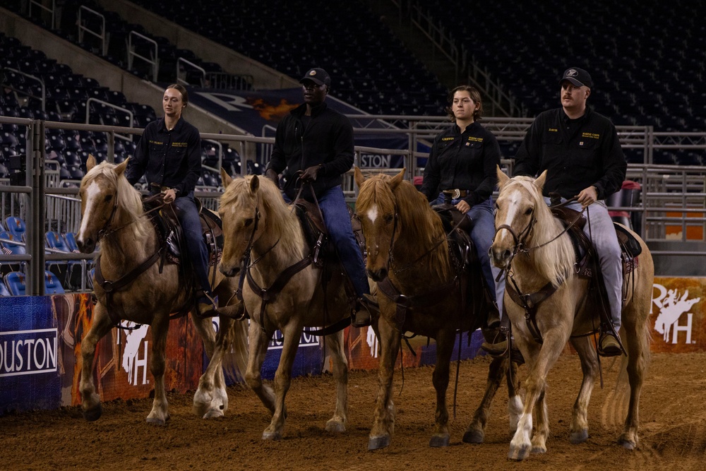 U.S. Marine Corps Mounted Color Guard presents the colors at the Houston Rodeo