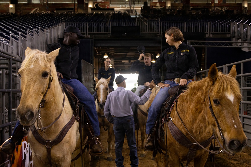 U.S. Marine Corps Mounted Color Guard presents the colors at the Houston Rodeo