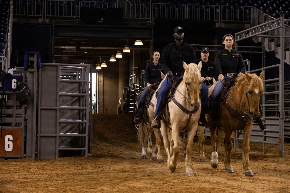 U.S. Marine Corps Mounted Color Guard presents the colors at the Houston Rodeo