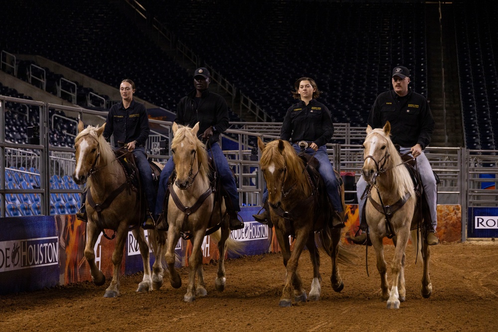 U.S. Marine Corps Mounted Color Guard presents the colors at the Houston Rodeo