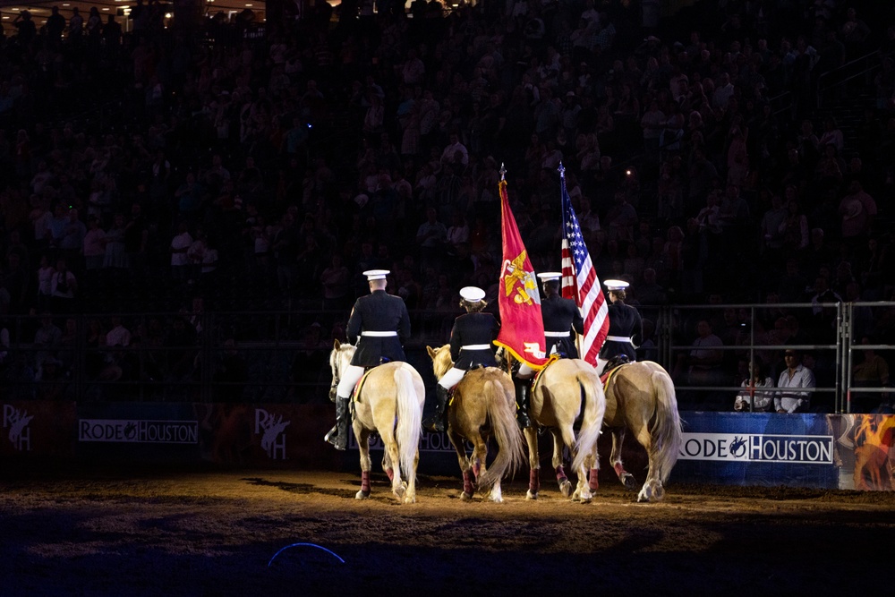 U.S. Marine Corps Mounted Color Guard presents the colors at the Houston Rodeo