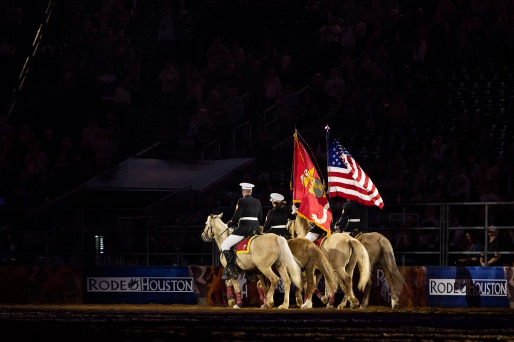U.S. Marine Corps Mounted Color Guard presents the colors at the Houston Rodeo