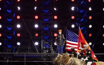 U.S. Marine Corps Mounted Color Guard presents the colors at the Houston Rodeo