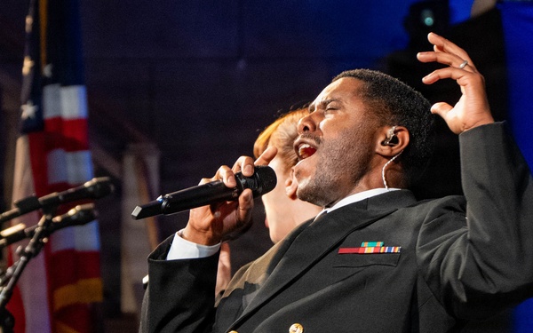 Musician 1st Class Jessie Nunn of the US Navy Band Sea Chanters perform at the Latchis Theater in Brattleboro, TN