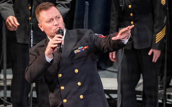 Musician 1st Class Nate Buttram of the US Navy Band Sea Chanters perform at the Latchis Theater in Brattleboro, TN