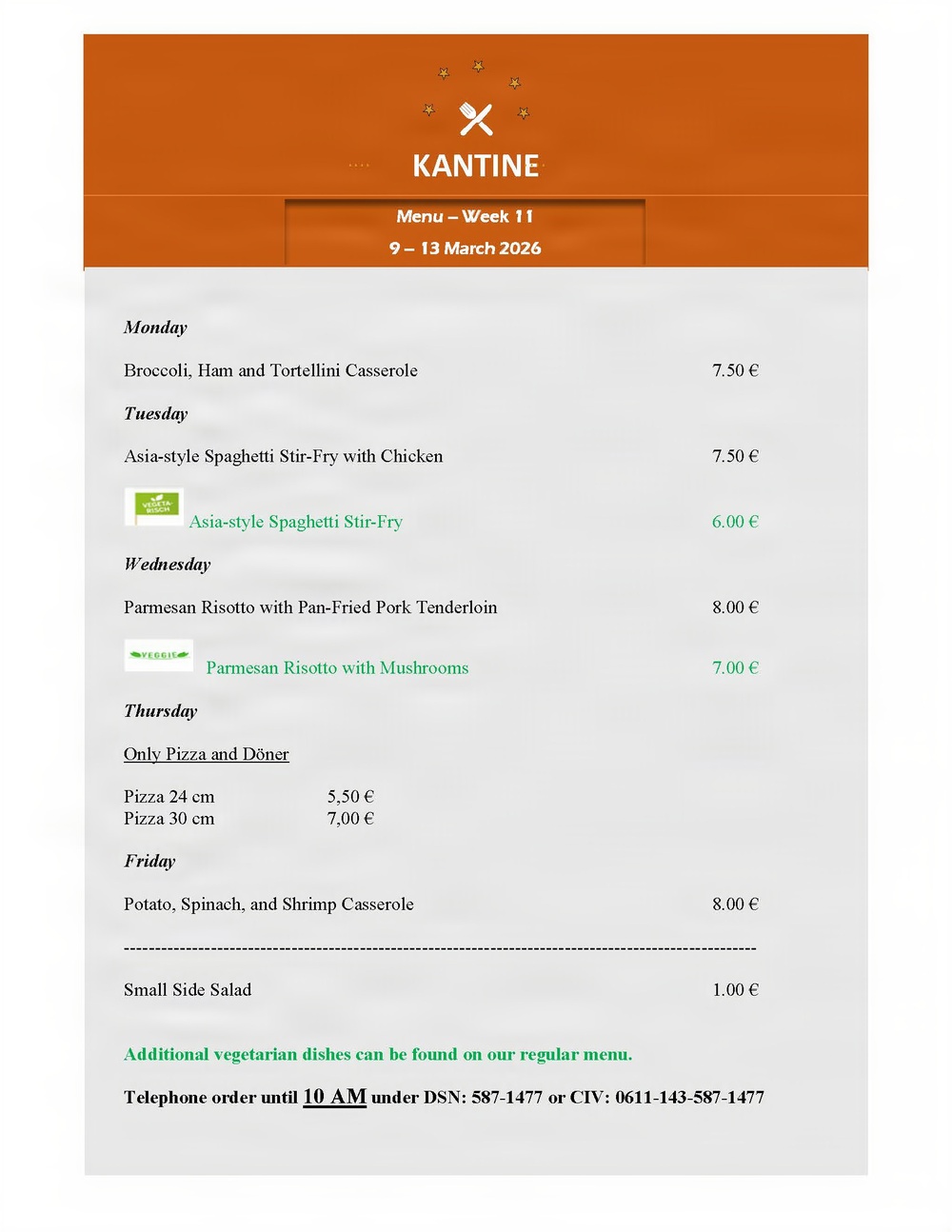 Kantine Menu - 9-13 March 2026 - English