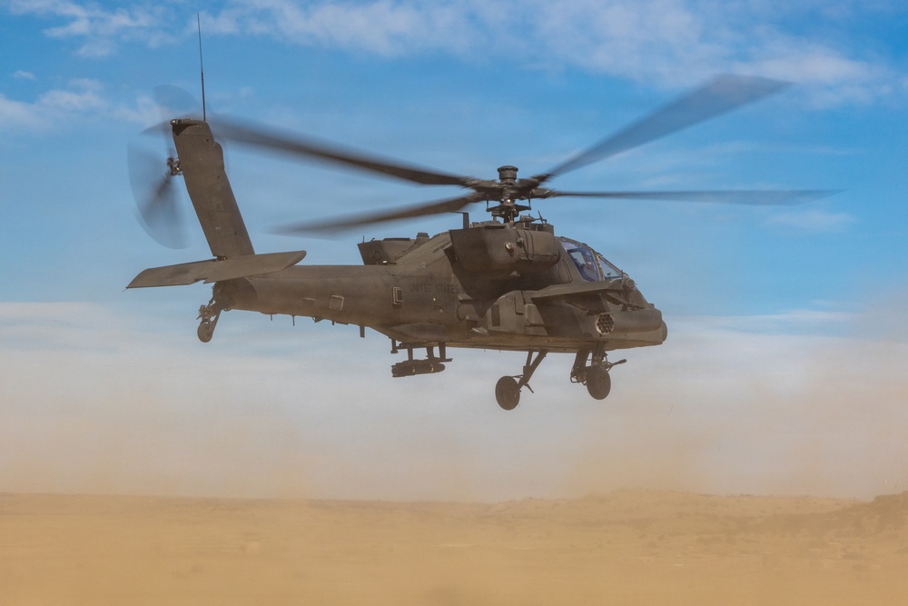 Soldiers conduct aerial exercise using AH-64E Apache helicopters