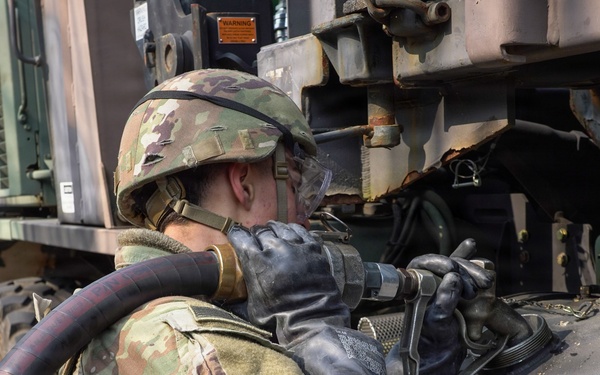 Soldiers refuel convoy vehicles during Freedom Shield 2026