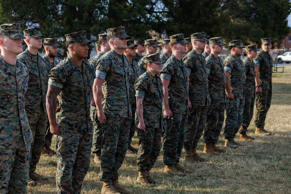 Marines aboard Quantico attend a Battalion Brief