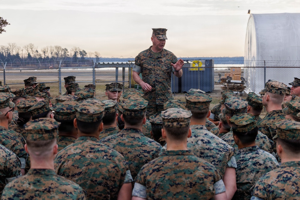 Marines aboard Quantico attend a Battalion Brief